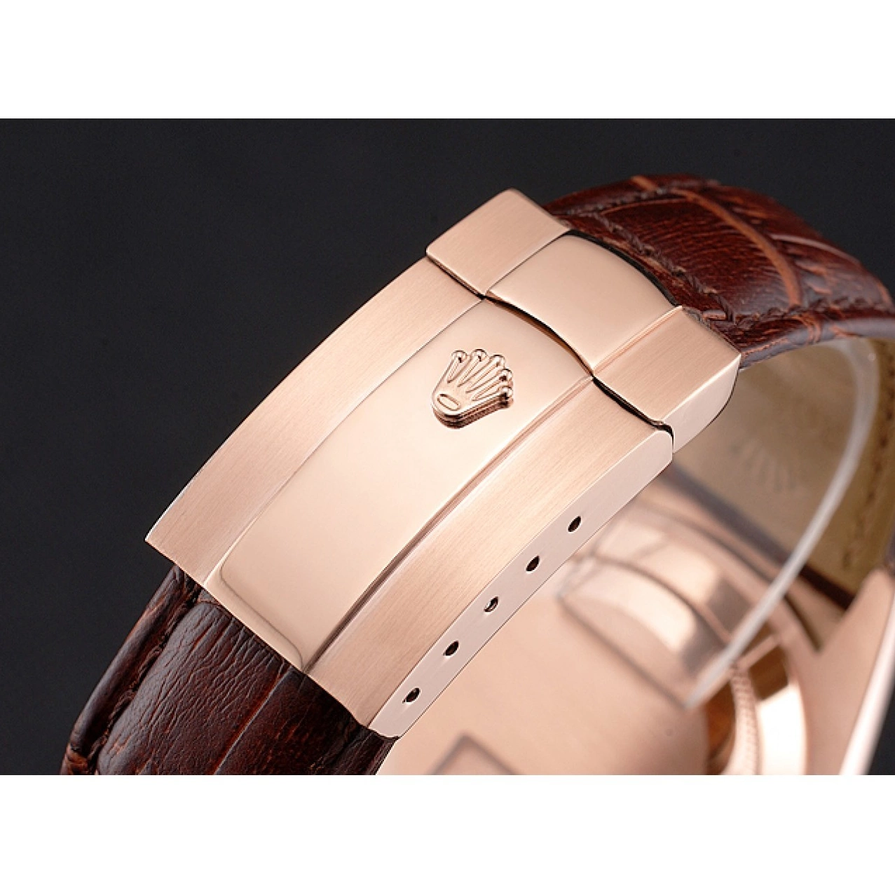 Aaa replica watch Dweller Strap Brown Sky Case Gold Dial Rose Rolex Leather Brown 0730